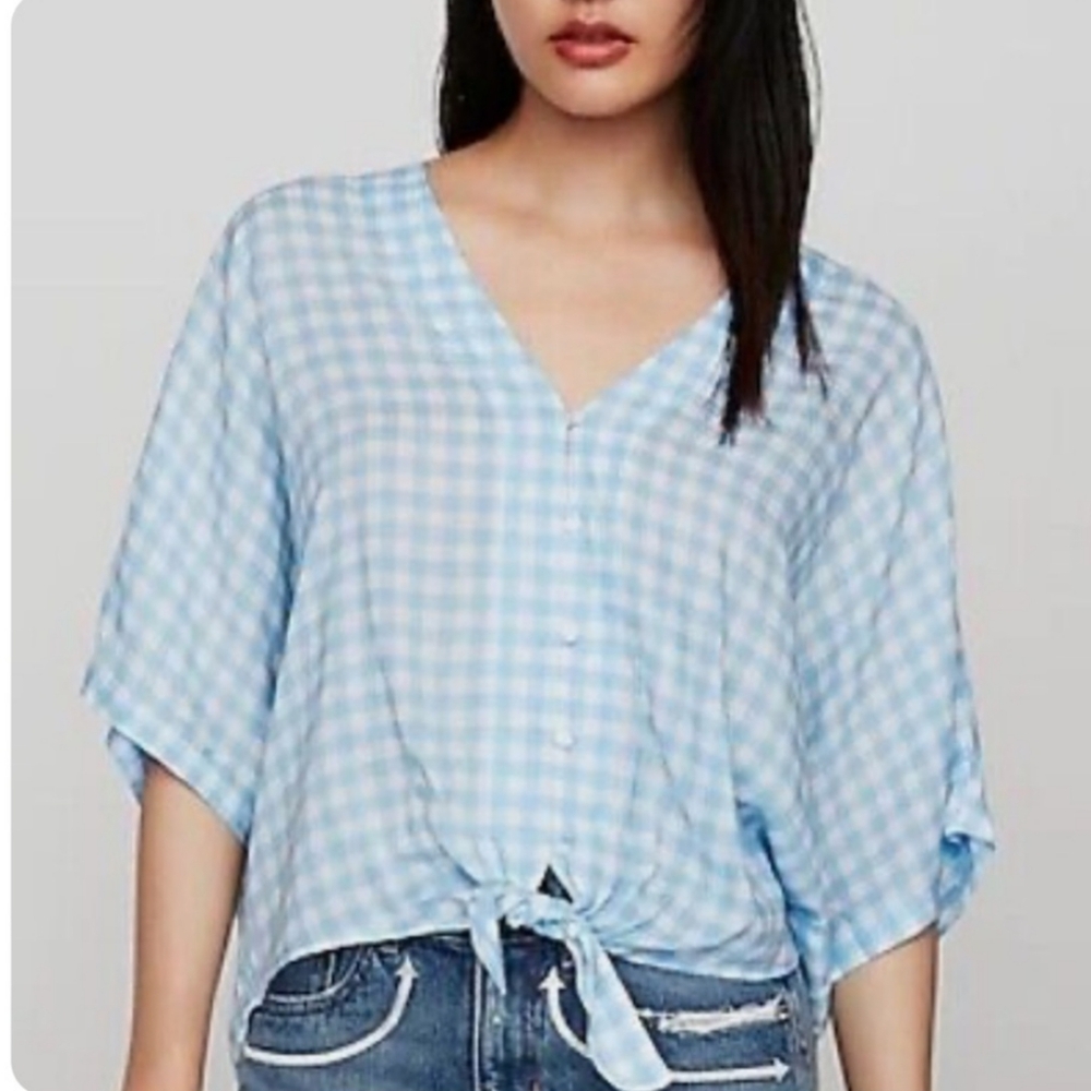 EUC Express baby blue and white gingham dolman sleeve top